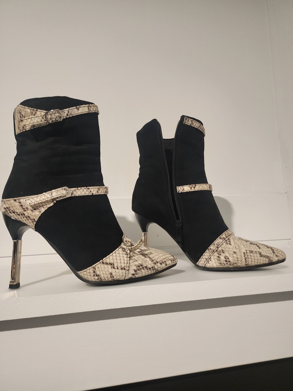 Black and Snake-Print Women's Ankle Boots
